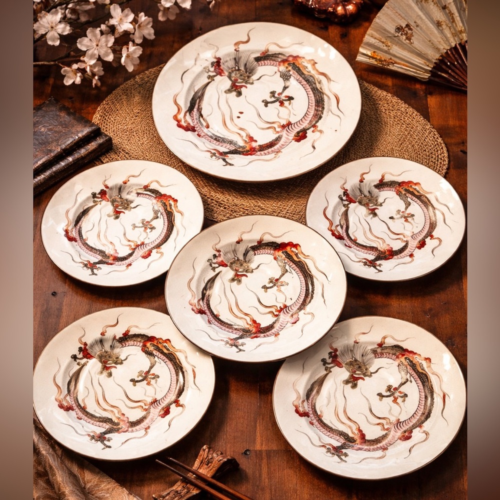 🐉 Vintage Japanese Dragon Moriage Plate Collection (6) — Hand Painted